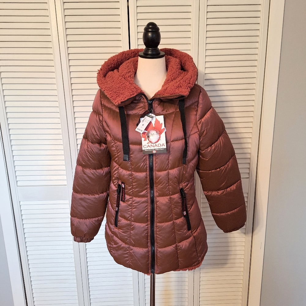 Canada vegan fur terracotta waterproof puffer hoodie jacket medium NWT - Picture 10 of 11